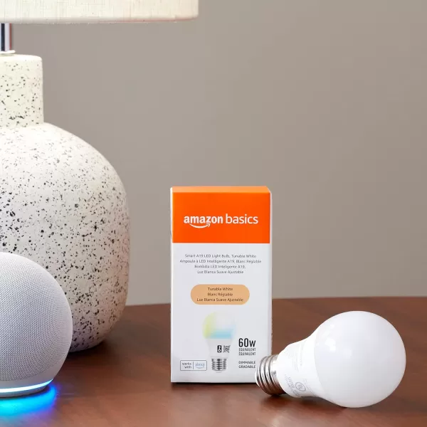 imageAmazon Basics Smart A19 LED Light Bulb Color Changing 9W 60W Equivalent 800LM Works with Alexa Only 24 GHz WiFi No Hub Required 4PackTunable White