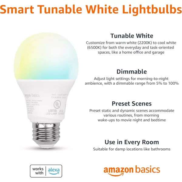 imageAmazon Basics Smart A19 LED Light Bulb Color Changing 9W 60W Equivalent 800LM Works with Alexa Only 24 GHz WiFi No Hub Required 4PackTunable White