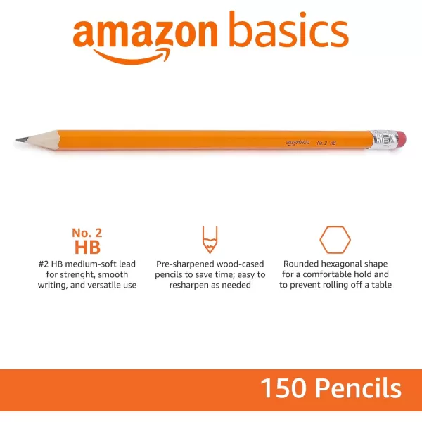 imageAmazon Basics WoodCased 2 Pencils Presharpened HB Lead Bulk Box 150 Count Yellow150 Count Pack of 1