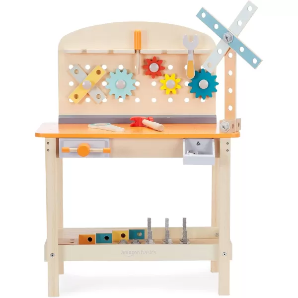 imageAmazon Basics Wooden Play Toy Tool Set and Workbench for Toddlers Preschoolers Children Age 3 Years 36 cm D x 58 cm W x 779 cm H Multicolor