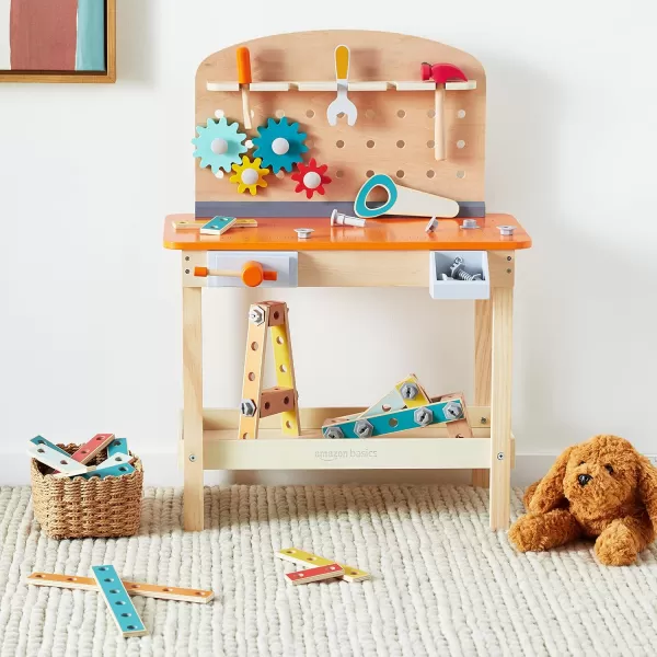 imageAmazon Basics Wooden Play Toy Tool Set and Workbench for Toddlers Preschoolers Children Age 3 Years 36 cm D x 58 cm W x 779 cm H Multicolor