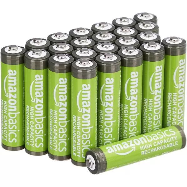 imageAmazon Basics 24Pack Rechargeable AAA HighCapacity NiMH Batteries 850 mAh Recharge up to 500x Times PreCharged24 Count Pack of 1