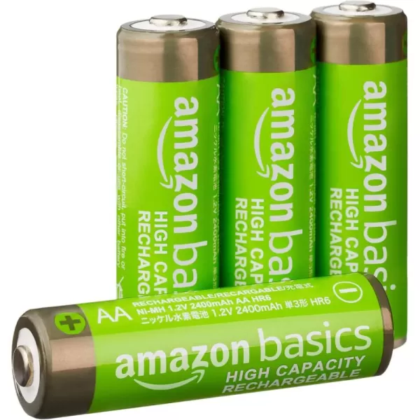 imageAmazon Basics 4Pack Rechargeable AA NiMH HighCapacity Batteries 2400 mAh Recharge up to 400x Times PreCharged