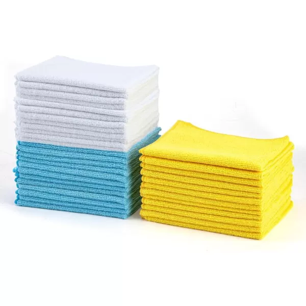 imageAmazon Basics Microfiber Cleaning Cloths Lint Free Absorbent Streak Free NonAbrasive Reusable and Washable Pack of 24 BlueWhiteYellow 16quot x 12quotBlueWhiteYellow