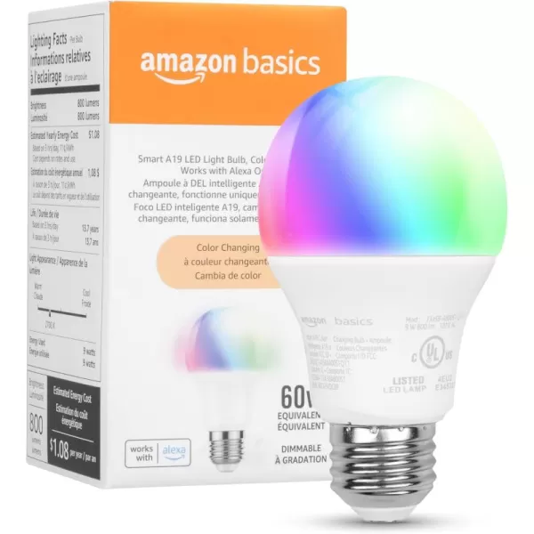 imageAmazon Basics Smart A19 LED Light Bulb Color Changing 9W 60W Equivalent 800LM Works with Alexa Only 24 GHz WiFi No Hub Required 4PackColor Changing