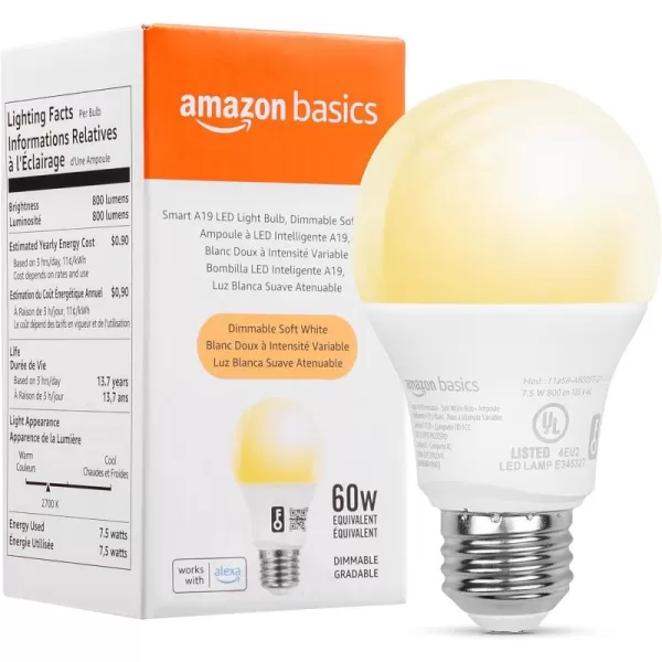 imageAmazon Basics Smart A19 LED Light Bulb Color Changing 9W 60W Equivalent 800LM Works with Alexa Only 24 GHz WiFi No Hub Required 4PackDimmable Soft White