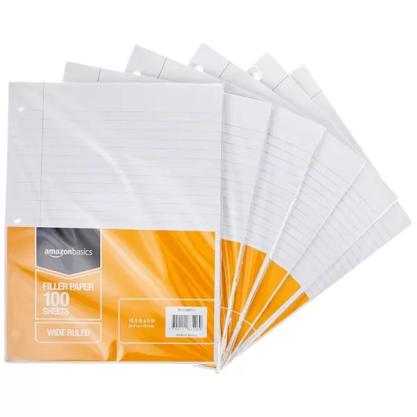 imageAmazon Basics Wide Ruled Loose Leaf Filler Paper 720 Sheets 6 pack of 120 105 x 8 Inch 6Pack White100Sheet Filler Paper