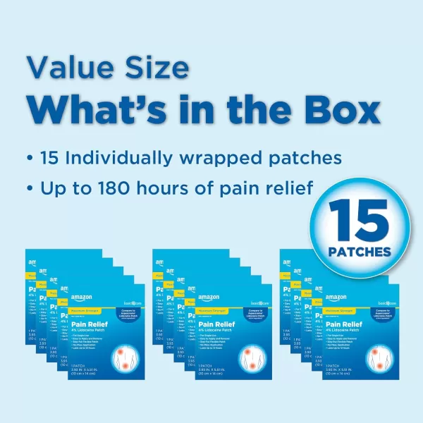 imageAmazon Basic Care Maximum Strength OTC Pain Relief  4 Lidocaine Patch 39 x 55 15Count Box Previously HealthWise15 Count Pack of 1