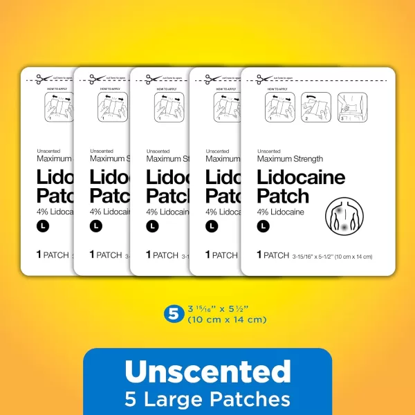imageAmazon Basic Care Maximum Strength OTC Pain Relief  4 Lidocaine Patch 39 x 55 15Count Box Previously HealthWise5 Count Pack of 1