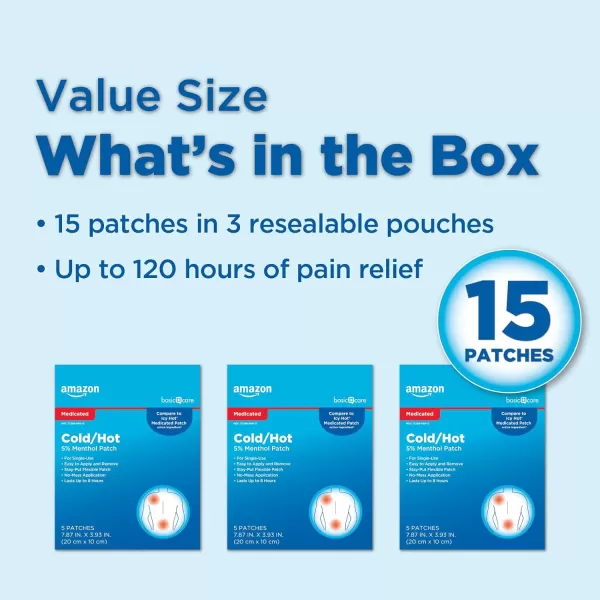 imageAmazon Basic Care Medicated Cold Hot 5 Menthol Patch 787 x 393 15Count Box Previously HealthWise15 Count Pack of 1