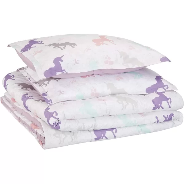 imageAmazon Basics 2 Piece Microfiber Kids Comforter and Pillow Sham Set Toddler Navy SolidPurple Unicorns