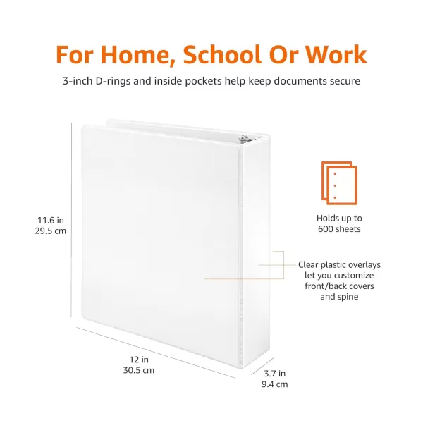 imageAmazon Basics 3 Ring Binders 3 Inch 2 Pack DRing Organizer for School Home Office White2Pack