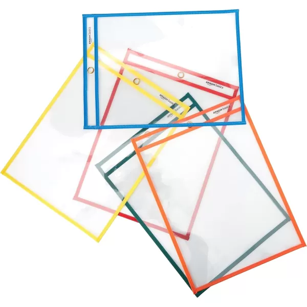 imageAmazon Basics Heavy Duty Dry Erase Ticket Holder Pockets with Clear Plastic Film and Multicolored Fabric Edge 85quot X 11quot Pack of 25