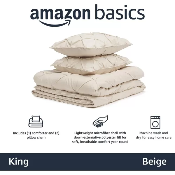 imageAmazon Basics King Size Comforter Sets AllSeason DownAlternative 3Piece Bedding Set Pinch Pleat Design Bright WhiteBeige