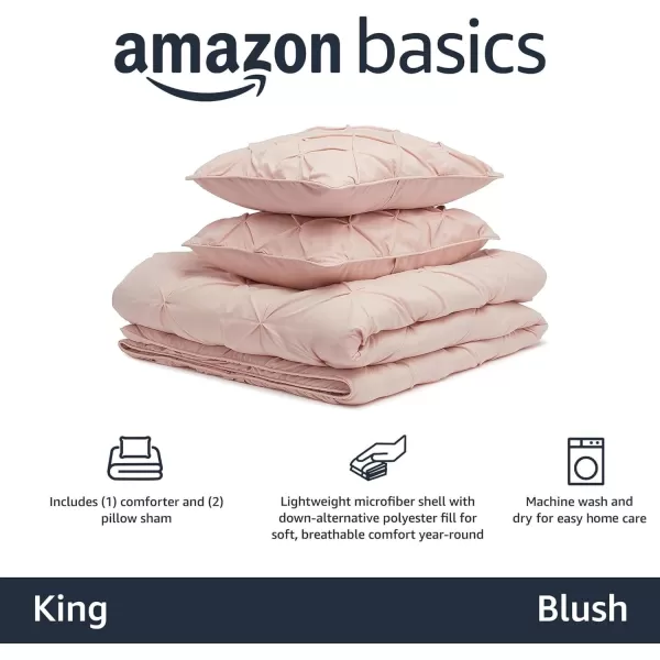 imageAmazon Basics King Size Comforter Sets AllSeason DownAlternative 3Piece Bedding Set Pinch Pleat Design Bright WhiteBlush