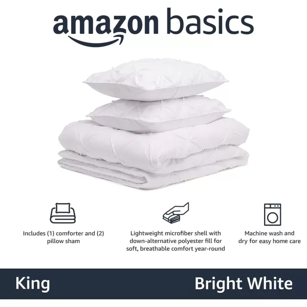 imageAmazon Basics King Size Comforter Sets AllSeason DownAlternative 3Piece Bedding Set Pinch Pleat Design Bright WhiteBright White
