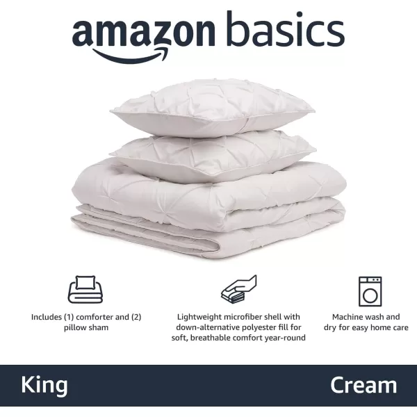 imageAmazon Basics King Size Comforter Sets AllSeason DownAlternative 3Piece Bedding Set Pinch Pleat Design Bright WhiteCream