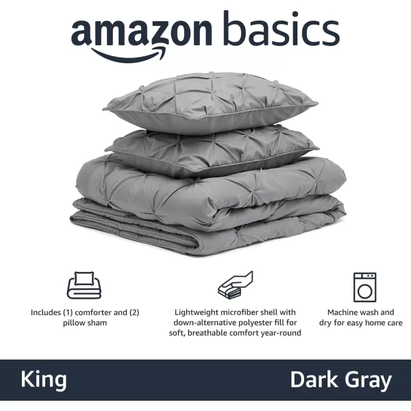 imageAmazon Basics King Size Comforter Sets AllSeason DownAlternative 3Piece Bedding Set Pinch Pleat Design Bright WhiteDark Grey