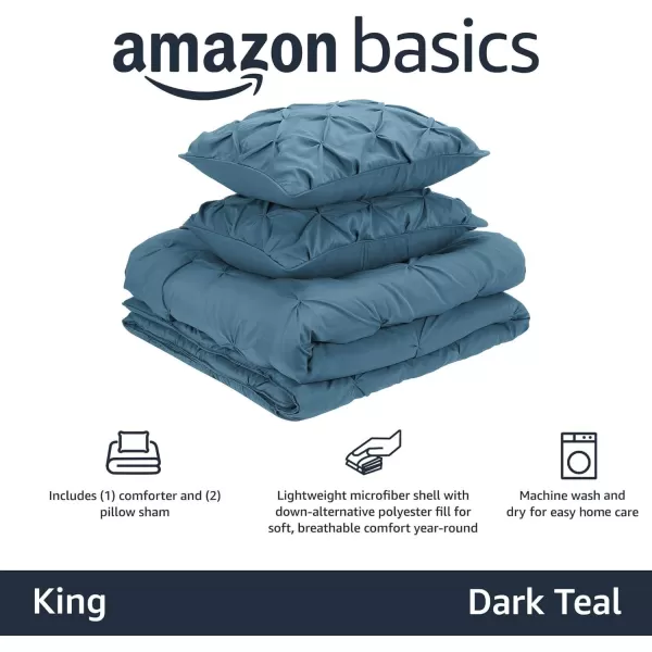 imageAmazon Basics King Size Comforter Sets AllSeason DownAlternative 3Piece Bedding Set Pinch Pleat Design Bright WhiteDark Teal