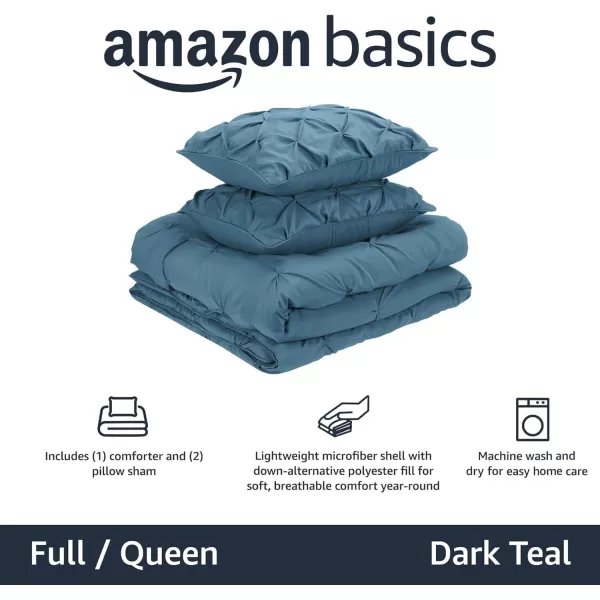 imageAmazon Basics King Size Comforter Sets AllSeason DownAlternative 3Piece Bedding Set Pinch Pleat Design Bright WhiteDark Teal