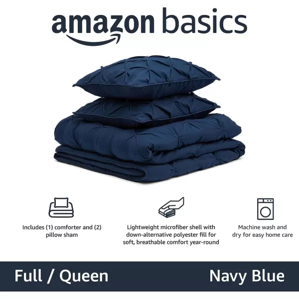 imageAmazon Basics King Size Comforter Sets AllSeason DownAlternative 3Piece Bedding Set Pinch Pleat Design Bright WhiteNavy Blue