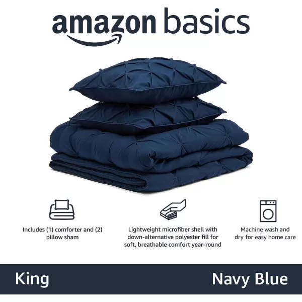 imageAmazon Basics King Size Comforter Sets AllSeason DownAlternative 3Piece Bedding Set Pinch Pleat Design Bright WhiteNavy Blue