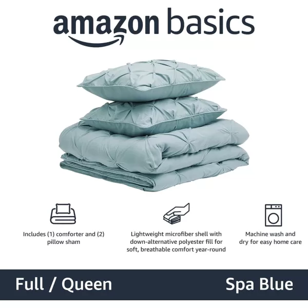 imageAmazon Basics King Size Comforter Sets AllSeason DownAlternative 3Piece Bedding Set Pinch Pleat Design Bright WhiteSpa Blue