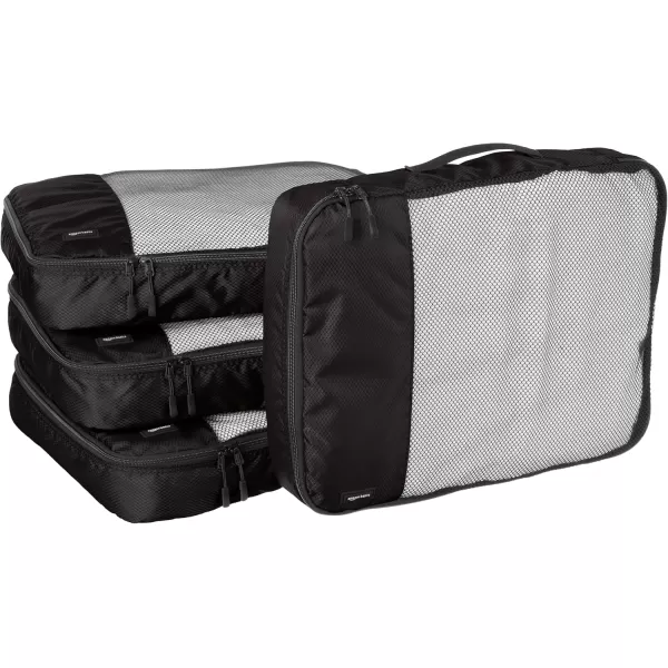imageAmazon Basics Lightweight Packing Cubes for Travel 4 Piece Set With Double Zipper Pulls and Mesh Top Panel 100 Durable Polyester Small Sky BlueBlack