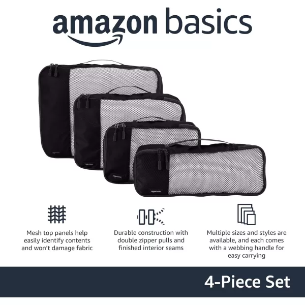 imageAmazon Basics Lightweight Packing Cubes for Travel 4 Piece Set With Double Zipper Pulls and Mesh Top Panel 100 Durable Polyester Small Sky BlueBlack