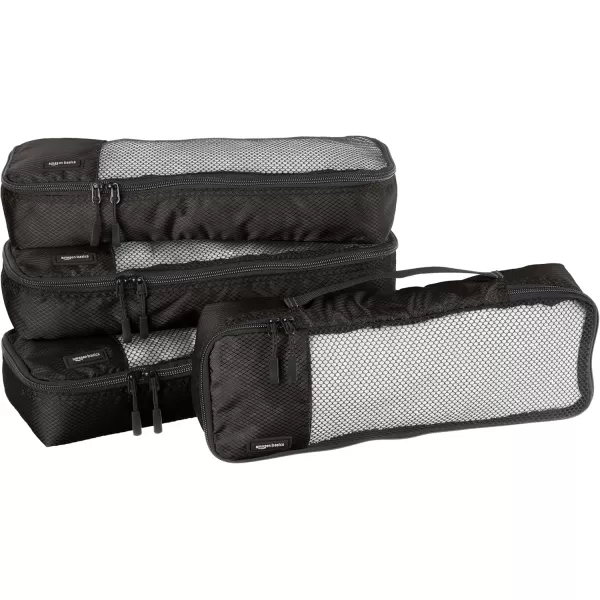 imageAmazon Basics Lightweight Packing Cubes for Travel 4 Piece Set With Double Zipper Pulls and Mesh Top Panel 100 Durable Polyester Small Sky BlueBlack