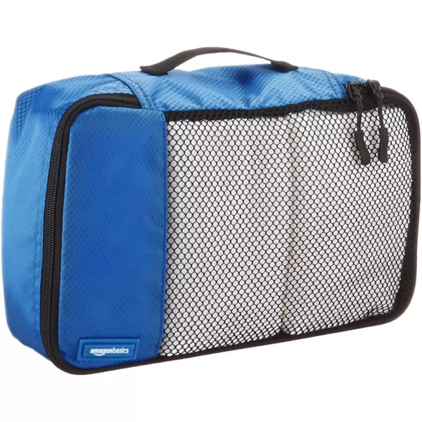 imageAmazon Basics Lightweight Packing Cubes for Travel 4 Piece Set With Double Zipper Pulls and Mesh Top Panel 100 Durable Polyester Small Sky BlueBlue
