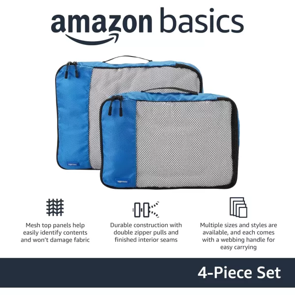 imageAmazon Basics Lightweight Packing Cubes for Travel 4 Piece Set With Double Zipper Pulls and Mesh Top Panel 100 Durable Polyester Small Sky BlueBlue