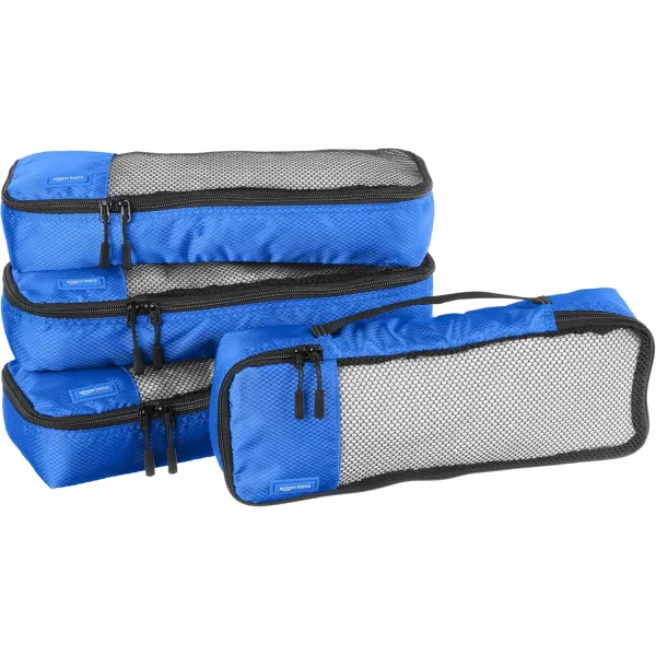 imageAmazon Basics Lightweight Packing Cubes for Travel 4 Piece Set With Double Zipper Pulls and Mesh Top Panel 100 Durable Polyester Small Sky BlueBlue