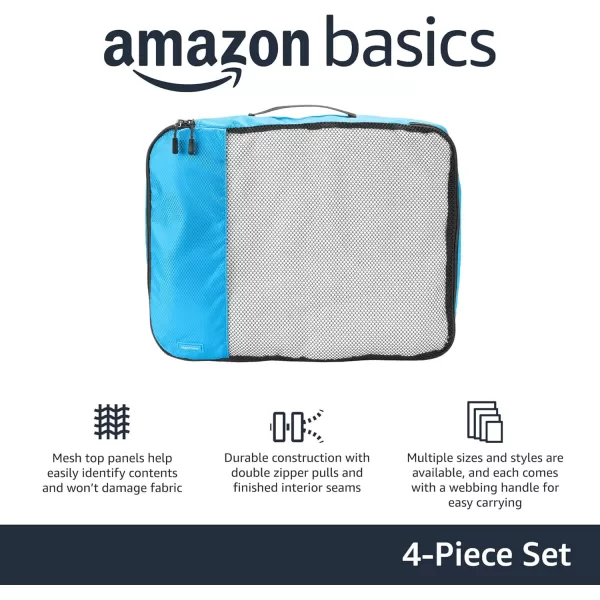 imageAmazon Basics Lightweight Packing Cubes for Travel 4 Piece Set With Double Zipper Pulls and Mesh Top Panel 100 Durable Polyester Small Sky BlueBlue