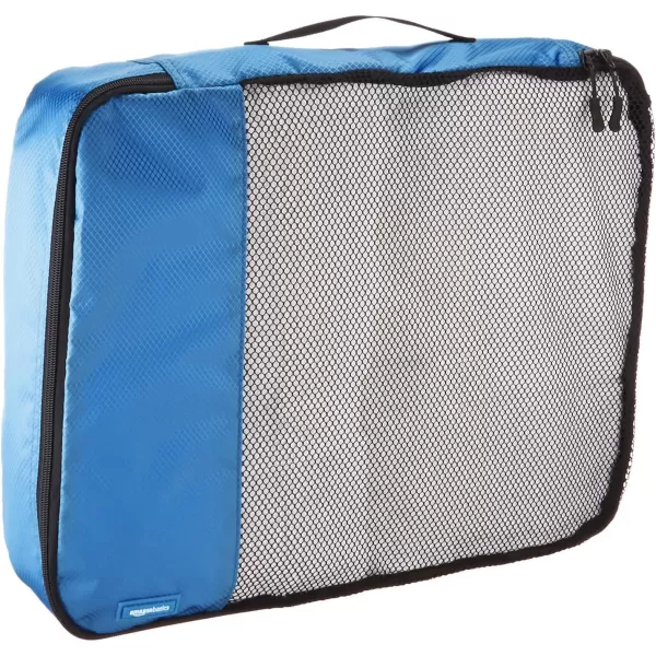 imageAmazon Basics Lightweight Packing Cubes for Travel 4 Piece Set With Double Zipper Pulls and Mesh Top Panel 100 Durable Polyester Small Sky BlueBlue