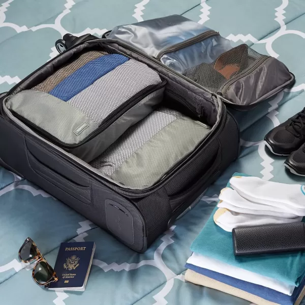 imageAmazon Basics Lightweight Packing Cubes for Travel 4 Piece Set With Double Zipper Pulls and Mesh Top Panel 100 Durable Polyester Small Sky BlueGray