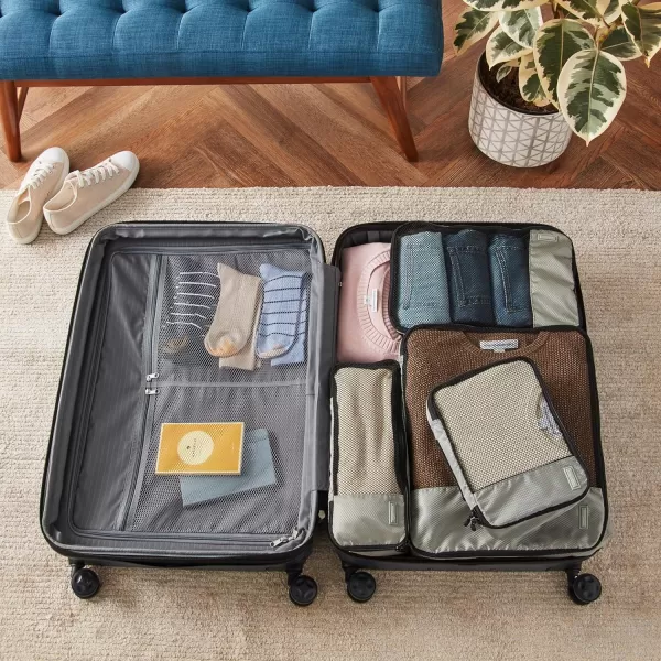 imageAmazon Basics Lightweight Packing Cubes for Travel 4 Piece Set With Double Zipper Pulls and Mesh Top Panel 100 Durable Polyester Small Sky BlueGray