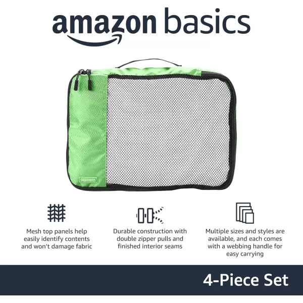 imageAmazon Basics Lightweight Packing Cubes for Travel 4 Piece Set With Double Zipper Pulls and Mesh Top Panel 100 Durable Polyester Small Sky BlueGreen