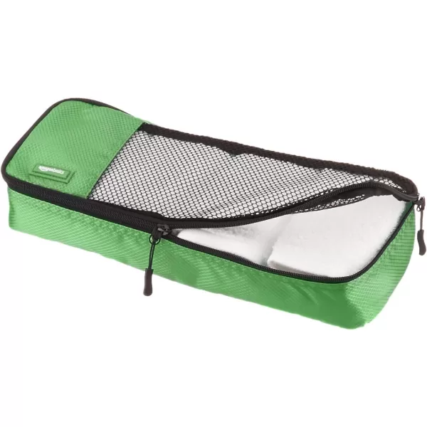 imageAmazon Basics Lightweight Packing Cubes for Travel 4 Piece Set With Double Zipper Pulls and Mesh Top Panel 100 Durable Polyester Small Sky BlueGreen