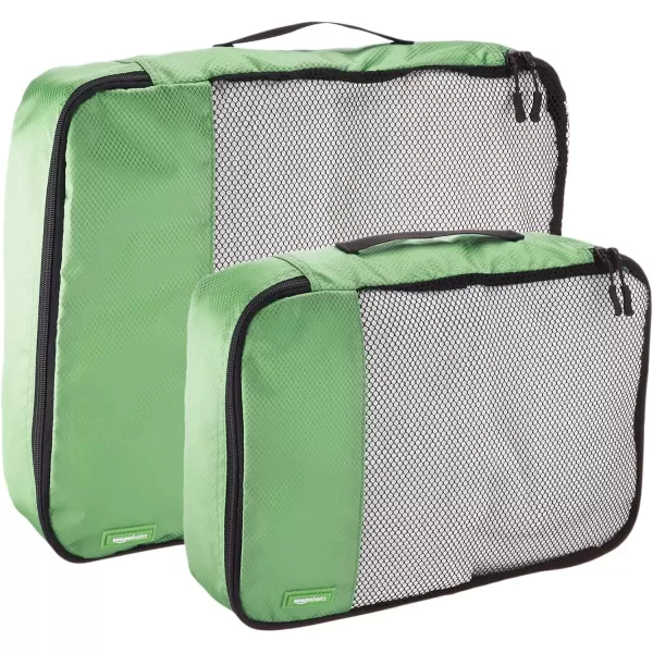 imageAmazon Basics Lightweight Packing Cubes for Travel 4 Piece Set With Double Zipper Pulls and Mesh Top Panel 100 Durable Polyester Small Sky BlueGreen