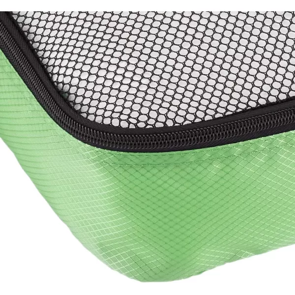 imageAmazon Basics Lightweight Packing Cubes for Travel 4 Piece Set With Double Zipper Pulls and Mesh Top Panel 100 Durable Polyester Small Sky BlueGreen