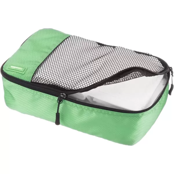 imageAmazon Basics Lightweight Packing Cubes for Travel 4 Piece Set With Double Zipper Pulls and Mesh Top Panel 100 Durable Polyester Small Sky BlueGreen