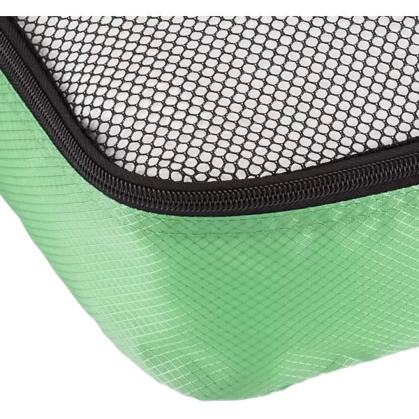 imageAmazon Basics Lightweight Packing Cubes for Travel 4 Piece Set With Double Zipper Pulls and Mesh Top Panel 100 Durable Polyester Small Sky BlueGreen