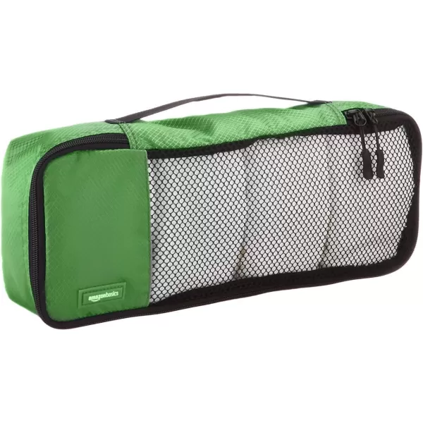 imageAmazon Basics Lightweight Packing Cubes for Travel 4 Piece Set With Double Zipper Pulls and Mesh Top Panel 100 Durable Polyester Small Sky BlueGreen