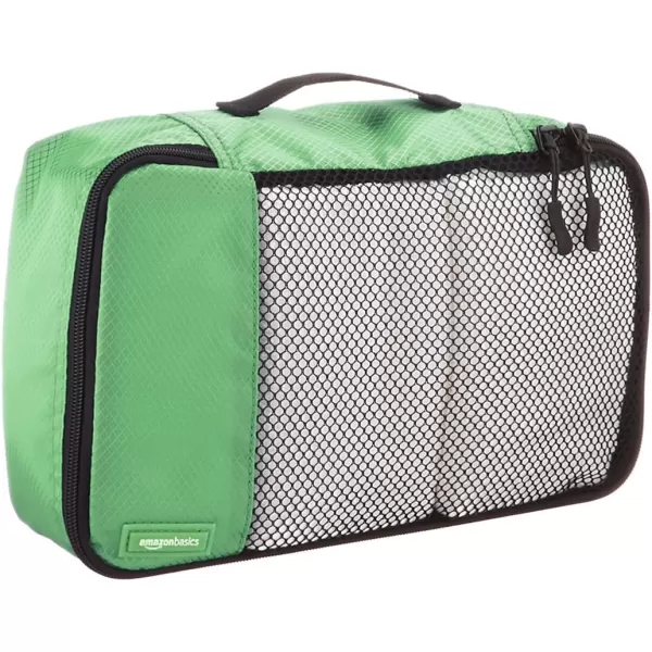imageAmazon Basics Lightweight Packing Cubes for Travel 4 Piece Set With Double Zipper Pulls and Mesh Top Panel 100 Durable Polyester Small Sky BlueGreen
