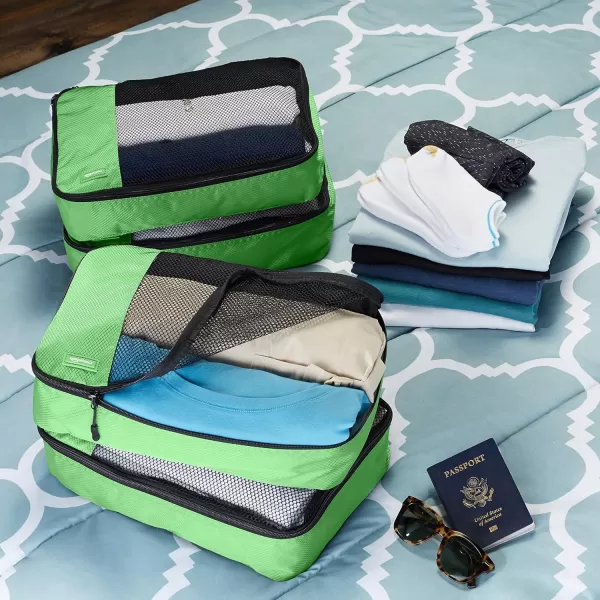 imageAmazon Basics Lightweight Packing Cubes for Travel 4 Piece Set With Double Zipper Pulls and Mesh Top Panel 100 Durable Polyester Small Sky BlueGreen