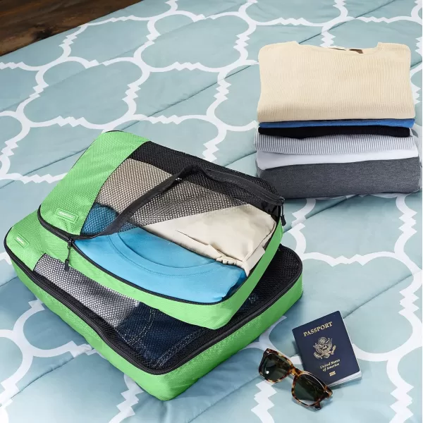 imageAmazon Basics Lightweight Packing Cubes for Travel 4 Piece Set With Double Zipper Pulls and Mesh Top Panel 100 Durable Polyester Small Sky BlueGreen