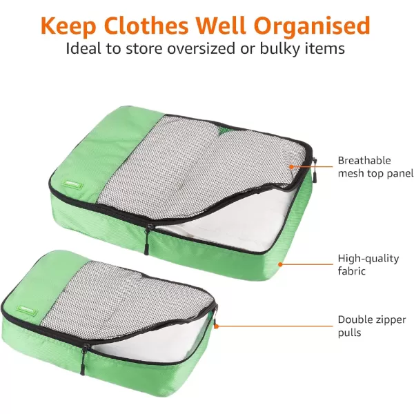 imageAmazon Basics Lightweight Packing Cubes for Travel 4 Piece Set With Double Zipper Pulls and Mesh Top Panel 100 Durable Polyester Small Sky BlueGreen