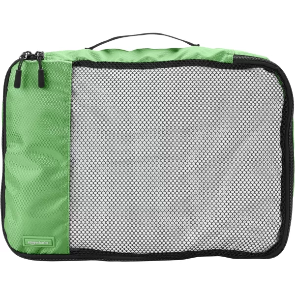 imageAmazon Basics Lightweight Packing Cubes for Travel 4 Piece Set With Double Zipper Pulls and Mesh Top Panel 100 Durable Polyester Small Sky BlueGreen