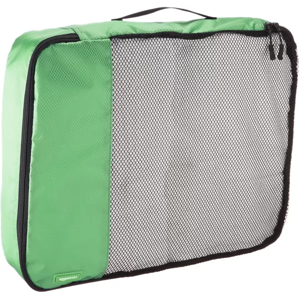 imageAmazon Basics Lightweight Packing Cubes for Travel 4 Piece Set With Double Zipper Pulls and Mesh Top Panel 100 Durable Polyester Small Sky BlueGreen